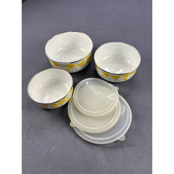 VTG Kobe Enamelware Metal Nesting Bowl Set of 3 Yellow Poppy w/lids - Picture 6 of 11